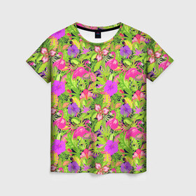 Женская футболка 3D с принтом Flamingo | Tropical в Санкт-Петербурге, 100% полиэфир ( синтетическое хлопкоподобное полотно) | прямой крой, круглый вырез горловины, длина до линии бедер | flamingo | flamingos | flower | flowers | neon | pink | rose | summer | девочке | девушке | красивая | летняя | неон | парню | подарок | прикольная | приятная | роза | розовая | стильная | текстура | тропики | фламинго | цветок