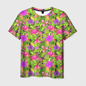 Мужская футболка 3D с принтом Flamingo | Tropical в Санкт-Петербурге, 100% полиэфир | прямой крой, круглый вырез горловины, длина до линии бедер | Тематика изображения на принте: flamingo | flamingos | flower | flowers | neon | pink | rose | summer | девочке | девушке | красивая | летняя | неон | парню | подарок | прикольная | приятная | роза | розовая | стильная | текстура | тропики | фламинго | цветок