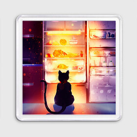 Магнит 55*55 с принтом Черный кот холодильник ночь в Санкт-Петербурге, Пластик | Размер: 65*65 мм; Размер печати: 55*55 мм | Тематика изображения на принте: арт | вкусняшки | ночной дожор | ночь | преступление | рисунок | холодильник | черный кот