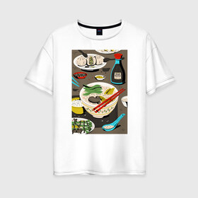 Женская футболка хлопок Oversize с принтом Азиатская еда в Санкт-Петербурге, 100% хлопок | свободный крой, круглый ворот, спущенный рукав, длина до линии бедер
 | блюда | готовка | еда | кулинар | повар | шеф повар