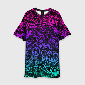 Детское платье 3D с принтом Граффити Neon в Санкт-Петербурге, 100% полиэстер | прямой силуэт, чуть расширенный к низу. Круглая горловина, на рукавах — воланы | Тематика изображения на принте: blue | cyberpunk | drawing | graffiti | lettering | neon | paint | purple | text | брызги | граффити | киберпанк | краска | надписи | неон | рисунок | синий | текст | фиолетовый