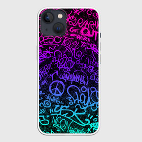 Чехол для iPhone 13 с принтом Граффити Neon в Санкт-Петербурге,  |  | blue | cyberpunk | drawing | graffiti | lettering | neon | paint | purple | text | брызги | граффити | киберпанк | краска | надписи | неон | рисунок | синий | текст | фиолетовый