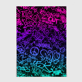 Постер с принтом Граффити Neon в Санкт-Петербурге, 100% бумага
 | бумага, плотность 150 мг. Матовая, но за счет высокого коэффициента гладкости имеет небольшой блеск и дает на свету блики, но в отличии от глянцевой бумаги не покрыта лаком | blue | cyberpunk | drawing | graffiti | lettering | neon | paint | purple | text | брызги | граффити | киберпанк | краска | надписи | неон | рисунок | синий | текст | фиолетовый