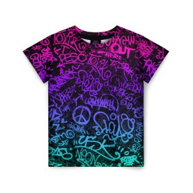 Детская футболка 3D с принтом Граффити Neon в Санкт-Петербурге, 100% гипоаллергенный полиэфир | прямой крой, круглый вырез горловины, длина до линии бедер, чуть спущенное плечо, ткань немного тянется | blue | cyberpunk | drawing | graffiti | lettering | neon | paint | purple | text | брызги | граффити | киберпанк | краска | надписи | неон | рисунок | синий | текст | фиолетовый
