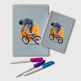 Блокнот с принтом Космический велосипедист (Z) в Санкт-Петербурге, 100% бумага | 48 листов, плотность листов — 60 г/м2, плотность картонной обложки — 250 г/м2. Листы скреплены удобной пружинной спиралью. Цвет линий — светло-серый
 | Тематика изображения на принте: bicycle | bicyclist | bike | biker | bmx | cycle | galaxy | moon | rider | space | stars | байкер | бмх | вело | велогонщик | велосепедист | велосипед | велоспорт | гонщик | космос | луна