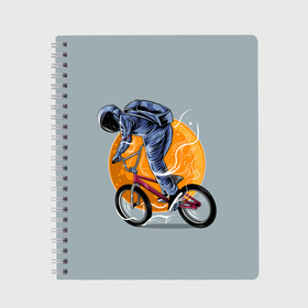Тетрадь с принтом Космический велосипедист (Z) в Санкт-Петербурге, 100% бумага | 48 листов, плотность листов — 60 г/м2, плотность картонной обложки — 250 г/м2. Листы скреплены сбоку удобной пружинной спиралью. Уголки страниц и обложки скругленные. Цвет линий — светло-серый
 | Тематика изображения на принте: bicycle | bicyclist | bike | biker | bmx | cycle | galaxy | moon | rider | space | stars | байкер | бмх | вело | велогонщик | велосепедист | велосипед | велоспорт | гонщик | космос | луна