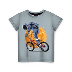 Детская футболка 3D с принтом Космический велосипедист (Z) в Санкт-Петербурге, 100% гипоаллергенный полиэфир | прямой крой, круглый вырез горловины, длина до линии бедер, чуть спущенное плечо, ткань немного тянется | bicycle | bicyclist | bike | biker | bmx | cycle | galaxy | moon | rider | space | stars | байкер | бмх | вело | велогонщик | велосепедист | велосипед | велоспорт | гонщик | космос | луна