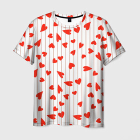 Мужская футболка 3D с принтом Просто сердечки в Санкт-Петербурге, 100% полиэфир | прямой крой, круглый вырез горловины, длина до линии бедер | heart | hearts | lines | red | в | забавные | красные | линии | любовь | полоску | полосы | прикольные | рисунки | сердечки | сердце