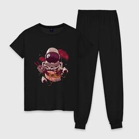 Женская пижама хлопок с принтом Astronaut Ramen в Санкт-Петербурге, 100% хлопок | брюки и футболка прямого кроя, без карманов, на брюках мягкая резинка на поясе и по низу штанин | Тематика изображения на принте: planet | planets | ramen | soup | space | universe | астронавт | быстрого приготовления | в космосе | в скафандре | вселенная | ест | космонавт | космос | лапша | лапшичка | лапшу | макароны | обед | палочки | планета