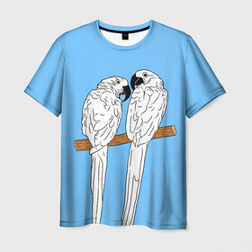 Мужская футболка 3D с принтом Белые попугаи в Санкт-Петербурге, 100% полиэфир | прямой крой, круглый вырез горловины, длина до линии бедер | bird | parrot | tropical | wings | азия | ара | джунгли | дикие | животные | клюв | крылья | латинская | летние | лето | небесный | острова | отдых | пальмы | перья | попугаи | попугай | птица | птичка | райские | тропики