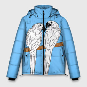Мужская зимняя куртка 3D с принтом Белые попугаи в Санкт-Петербурге, верх — 100% полиэстер; подкладка — 100% полиэстер; утеплитель — 100% полиэстер | длина ниже бедра, свободный силуэт Оверсайз. Есть воротник-стойка, отстегивающийся капюшон и ветрозащитная планка. 

Боковые карманы с листочкой на кнопках и внутренний карман на молнии. | Тематика изображения на принте: bird | parrot | tropical | wings | азия | ара | джунгли | дикие | животные | клюв | крылья | латинская | летние | лето | небесный | острова | отдых | пальмы | перья | попугаи | попугай | птица | птичка | райские | тропики