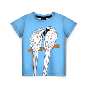 Детская футболка 3D с принтом Белые попугаи в Санкт-Петербурге, 100% гипоаллергенный полиэфир | прямой крой, круглый вырез горловины, длина до линии бедер, чуть спущенное плечо, ткань немного тянется | bird | parrot | tropical | wings | азия | ара | джунгли | дикие | животные | клюв | крылья | латинская | летние | лето | небесный | острова | отдых | пальмы | перья | попугаи | попугай | птица | птичка | райские | тропики