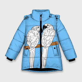 Зимняя куртка для девочек 3D с принтом Белые попугаи в Санкт-Петербурге, ткань верха — 100% полиэстер; подклад — 100% полиэстер, утеплитель — 100% полиэстер. | длина ниже бедра, удлиненная спинка, воротник стойка и отстегивающийся капюшон. Есть боковые карманы с листочкой на кнопках, утяжки по низу изделия и внутренний карман на молнии. 

Предусмотрены светоотражающий принт на спинке, радужный светоотражающий элемент на пуллере молнии и на резинке для утяжки. | bird | parrot | tropical | wings | азия | ара | джунгли | дикие | животные | клюв | крылья | латинская | летние | лето | небесный | острова | отдых | пальмы | перья | попугаи | попугай | птица | птичка | райские | тропики
