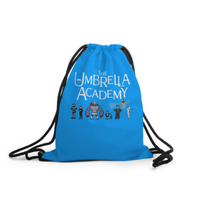 Рюкзак-мешок 3D с принтом The umbrella academy в Санкт-Петербурге, 100% полиэстер | плотность ткани — 200 г/м2, размер — 35 х 45 см; лямки — толстые шнурки, застежка на шнуровке, без карманов и подкладки | dark horse comics | netflix | the umbrella academy | umbrella | академия амбрелла | белая скрипка | бен харгривз | комикс | комильфо | космобой | кракен | реджинальд харгривз | сеанс | слух