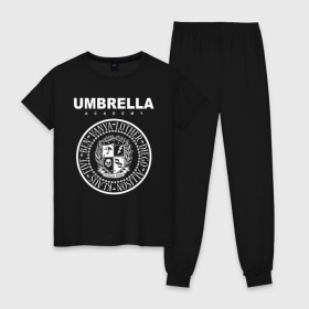 Женская пижама хлопок с принтом Академия Амбрелла в Санкт-Петербурге, 100% хлопок | брюки и футболка прямого кроя, без карманов, на брюках мягкая резинка на поясе и по низу штанин | umbrella | umbrella academy | академия амбрелла | амбрелла | герб