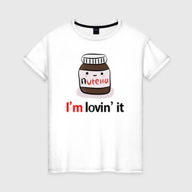 Женская футболка хлопок с принтом Nutella в Санкт-Петербурге, 100% хлопок | прямой крой, круглый вырез горловины, длина до линии бедер, слегка спущенное плечо | nutella | вкусно | вкусняшка | любовь | нутелла | нутэлла | сладкое