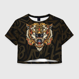 Женская футболка Crop-top 3D с принтом Тигровый стимпанк (Tiger) в Санкт-Петербурге, 100% полиэстер | круглая горловина, длина футболки до линии талии, рукава с отворотами | барс | волк | детёныш | джунгли | енот | животное | злость | зубр | клыки | кот | лев | леопард | лес | листья | львица | медведь | монстр | оскал | охотник | пасть | полосы | пятнистая | рык | рычание | тигр