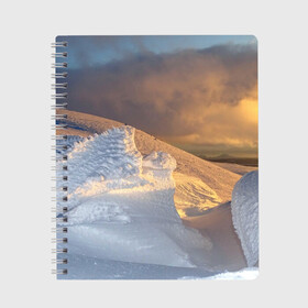 Тетрадь с принтом Снежная долина в Санкт-Петербурге, 100% бумага | 48 листов, плотность листов — 60 г/м2, плотность картонной обложки — 250 г/м2. Листы скреплены сбоку удобной пружинной спиралью. Уголки страниц и обложки скругленные. Цвет линий — светло-серый
 | Тематика изображения на принте: долина | зима | зимний | зимой | лёд | небо | облака | природа | природные | природный | север | снег | снега | снежная | снежный | снежок | сугроб | сугробы | туч | тучи | холм | холмистый | холмы