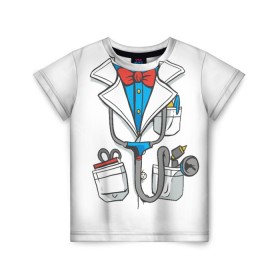 Детская футболка 3D с принтом Докторский халат в Санкт-Петербурге, 100% гипоаллергенный полиэфир | прямой крой, круглый вырез горловины, длина до линии бедер, чуть спущенное плечо, ткань немного тянется | cosplay | doctor | surgeon | бабочка | больничный | в виде врача | врач | врача | врачебный | госпиталь | для ролевых игр | доктор | доктора | докторский | карманы | косплей | костюм врача | стетоскоп | халат