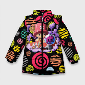 Зимняя куртка для девочек 3D с принтом Ван Пис Чоппер в Санкт-Петербурге, ткань верха — 100% полиэстер; подклад — 100% полиэстер, утеплитель — 100% полиэстер. | длина ниже бедра, удлиненная спинка, воротник стойка и отстегивающийся капюшон. Есть боковые карманы с листочкой на кнопках, утяжки по низу изделия и внутренний карман на молнии. 

Предусмотрены светоотражающий принт на спинке, радужный светоотражающий элемент на пуллере молнии и на резинке для утяжки. | Тематика изображения на принте: brook | chopper | kid | lo | luffy | monkey | nami | one piece | pirates | robin | sanji | usopp | zoro | белоус | брук | ван пис | джимбей | зоро | йонко | кайдо | кид | ло | луффи | мугивара | мугивары | нами | пираты | робин | роджер | сандж