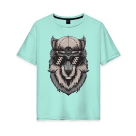 Женская футболка хлопок Oversize с принтом Волк в очках в Санкт-Петербурге, 100% хлопок | свободный крой, круглый ворот, спущенный рукав, длина до линии бедер
 | wolf | волк | волк в кепке | волк в кепке и очках | волк в очках | голова волка | крутой волк