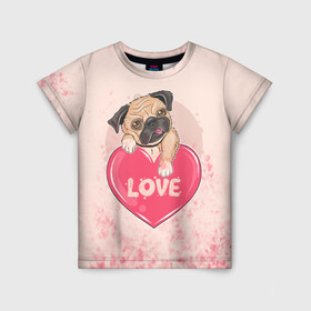 Детская футболка 3D с принтом Love Pug (Z) в Санкт-Петербурге, 100% гипоаллергенный полиэфир | прямой крой, круглый вырез горловины, длина до линии бедер, чуть спущенное плечо, ткань немного тянется | dog | doggie | doggy | mops | pug | декоративная собака | друг человека | другу | кинолог | лабрадор | малые молоссоиды | мопс | мопсик | мохнатый | пес | пёсель | пёсик | подарок | подруге | собака | собакен | собаки