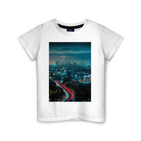 Детская футболка хлопок с принтом Ночной мегаполис в Санкт-Петербурге, 100% хлопок | круглый вырез горловины, полуприлегающий силуэт, длина до линии бедер | Тематика изображения на принте: город | небо. мегаполис | неон | ночь | огни