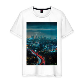 Мужская футболка хлопок с принтом Ночной мегаполис в Санкт-Петербурге, 100% хлопок | прямой крой, круглый вырез горловины, длина до линии бедер, слегка спущенное плечо. | город | небо. мегаполис | неон | ночь | огни