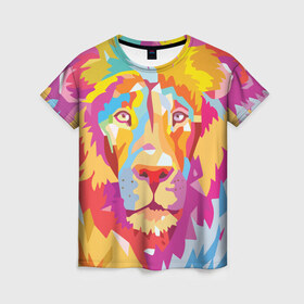 Женская футболка 3D с принтом Акварельный лев в Санкт-Петербурге, 100% полиэфир ( синтетическое хлопкоподобное полотно) | прямой крой, круглый вырез горловины, длина до линии бедер | арт | грива | деко | жедтая | животные | закат | зверей | золото | кошка | лев | лето | львенок | неоновая | очки | пляж | прайд | разноцветная | солнце | тигр | узоры | царь | яркие