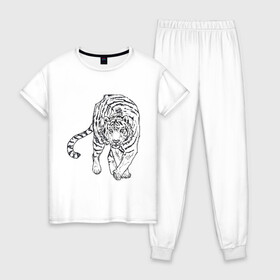 Женская пижама хлопок с принтом Тигр в Санкт-Петербурге, 100% хлопок | брюки и футболка прямого кроя, без карманов, на брюках мягкая резинка на поясе и по низу штанин | белый тигр | бенгальский тигр | большие кошки | дикие кошки | крупные кошки | тигр