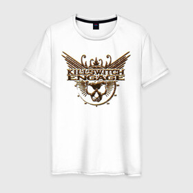 Мужская футболка хлопок с принтом Killswitch Engage в Санкт-Петербурге, 100% хлопок | прямой крой, круглый вырез горловины, длина до линии бедер, слегка спущенное плечо. | animal | atonement | gold | killswitch engage | lion | logo | metal | rock | skull | wings | золото | крылья | лев | лого | металл | рок животное | череп