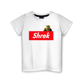 Детская футболка хлопок с принтом Shrek в Санкт-Петербурге, 100% хлопок | круглый вырез горловины, полуприлегающий силуэт, длина до линии бедер | Тематика изображения на принте: shrek | shrek is life | мемы | огр кек | суприм | суприм лого | шрек