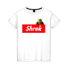 Женская футболка хлопок с принтом Shrek в Санкт-Петербурге, 100% хлопок | прямой крой, круглый вырез горловины, длина до линии бедер, слегка спущенное плечо | shrek | shrek is life | мемы | огр кек | суприм | суприм лого | шрек
