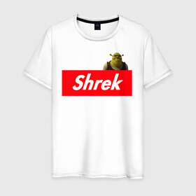 Мужская футболка хлопок с принтом Shrek в Санкт-Петербурге, 100% хлопок | прямой крой, круглый вырез горловины, длина до линии бедер, слегка спущенное плечо. | shrek | shrek is life | мемы | огр кек | суприм | суприм лого | шрек