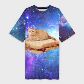 Платье-футболка 3D с принтом Кот в космосе в Санкт-Петербурге,  |  | cat | cats | space | бутерброд | грозовой кошак | джем | киса | киска | космос | кошак | кошка
