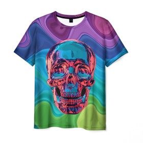 Мужская футболка 3D с принтом Color skull в Санкт-Петербурге, 100% полиэфир | прямой крой, круглый вырез горловины, длина до линии бедер | Тематика изображения на принте: color | jaw | neon | skull | teeth | vanguard | авангард | зубы | неон | пасть | цвет | череп