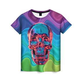Женская футболка 3D с принтом Color skull в Санкт-Петербурге, 100% полиэфир ( синтетическое хлопкоподобное полотно) | прямой крой, круглый вырез горловины, длина до линии бедер | color | jaw | neon | skull | teeth | vanguard | авангард | зубы | неон | пасть | цвет | череп
