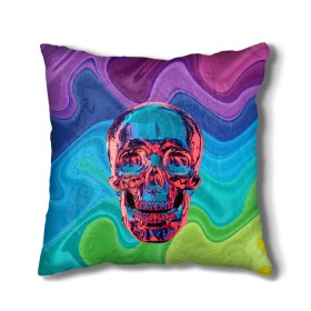 Подушка 3D с принтом Color skull в Санкт-Петербурге, наволочка – 100% полиэстер, наполнитель – холлофайбер (легкий наполнитель, не вызывает аллергию). | состоит из подушки и наволочки. Наволочка на молнии, легко снимается для стирки | color | jaw | neon | skull | teeth | vanguard | авангард | зубы | неон | пасть | цвет | череп