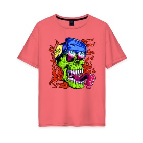 Женская футболка хлопок Oversize с принтом Cool skull в Санкт-Петербурге, 100% хлопок | свободный крой, круглый ворот, спущенный рукав, длина до линии бедер
 | eyes | fire | flame | grin | jaw | skull | teeth | tongue | глаза | зубы | огонь | оскал | пасть | пламя | череп | язык