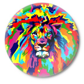 Значок с принтом Лев Artistic Art в Санкт-Петербурге,  металл | круглая форма, металлическая застежка в виде булавки | king | lion | neon | африка | голова | граффити | грива | дикий | животные | зверь | зодиак | картина | король | краски | красочный | лев | львенок | львиное | львица | неон | неоновые | радуга | радужный | рисунок