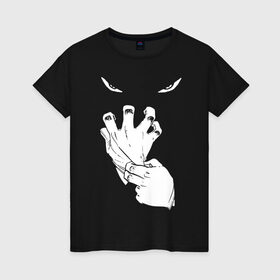 Женская футболка хлопок с принтом Halloween в Санкт-Петербурге, 100% хлопок | прямой крой, круглый вырез горловины, длина до линии бедер, слегка спущенное плечо | eyes | ghost | gloves | halloween | глаза | перчатки | привидение | призрак | хэллоуин