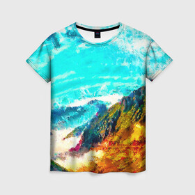 Женская футболка 3D с принтом Японские горы в Санкт-Петербурге, 100% полиэфир ( синтетическое хлопкоподобное полотно) | прямой крой, круглый вырез горловины, длина до линии бедер | art | japan | summer | азия | акварель | восток | восход | горы | деревья | искусство | картина | краски | красочный | лес | летние | лето | мазки | небесный | облака | пейзаж | природа | разноцветные | рассвет