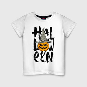 Детская футболка хлопок с принтом Halloween в Санкт-Петербурге, 100% хлопок | круглый вырез горловины, полуприлегающий силуэт, длина до линии бедер | Тематика изображения на принте: eyes | halloween | hat | jaw | pumpkin | smile | глаза | пасть | тыква | улыбка | хэллоуин | шляпа