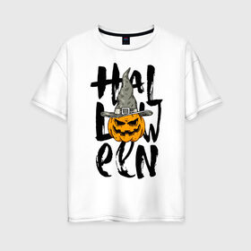 Женская футболка хлопок Oversize с принтом Halloween в Санкт-Петербурге, 100% хлопок | свободный крой, круглый ворот, спущенный рукав, длина до линии бедер
 | eyes | halloween | hat | jaw | pumpkin | smile | глаза | пасть | тыква | улыбка | хэллоуин | шляпа