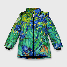 Зимняя куртка для девочек 3D с принтом Ирисы Ван Гога в Санкт-Петербурге, ткань верха — 100% полиэстер; подклад — 100% полиэстер, утеплитель — 100% полиэстер. | длина ниже бедра, удлиненная спинка, воротник стойка и отстегивающийся капюшон. Есть боковые карманы с листочкой на кнопках, утяжки по низу изделия и внутренний карман на молнии. 

Предусмотрены светоотражающий принт на спинке, радужный светоотражающий элемент на пуллере молнии и на резинке для утяжки. | Тематика изображения на принте: vangogh | арт | вангог | ветки | винсент | девушкам | импрессионизм | ирисы | искусство | картина | лепестки | летние | лето | листья | масло | пейзаж | поле | природа | растения | рисунок | сад | солнце
