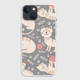 Чехол для iPhone 13 с принтом Милые кошечки в Санкт-Петербурге,  |  | арт | венок | клубок | клубок ниток | клубочек | кот | кошечка | кошка | кошка в венке | кошка играет | лапки | милая кошечка | милая кошка | отпечатки | отпечатки лап | рисунок | рыбка | серая кошка