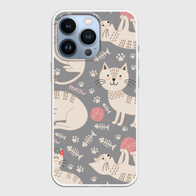 Чехол для iPhone 13 Pro с принтом Милые кошечки в Санкт-Петербурге,  |  | арт | венок | клубок | клубок ниток | клубочек | кот | кошечка | кошка | кошка в венке | кошка играет | лапки | милая кошечка | милая кошка | отпечатки | отпечатки лап | рисунок | рыбка | серая кошка