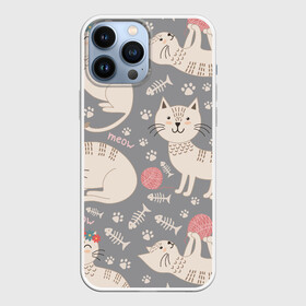 Чехол для iPhone 13 Pro Max с принтом Милые кошечки в Санкт-Петербурге,  |  | арт | венок | клубок | клубок ниток | клубочек | кот | кошечка | кошка | кошка в венке | кошка играет | лапки | милая кошечка | милая кошка | отпечатки | отпечатки лап | рисунок | рыбка | серая кошка