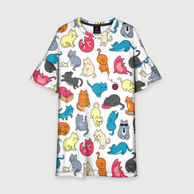 Детское платье 3D с принтом Кошачья стая в Санкт-Петербурге, 100% полиэстер | прямой силуэт, чуть расширенный к низу. Круглая горловина, на рукавах — воланы | арт | белый | желтый | кот | коты | кошка | кошки | красный | рисунок | розовый | рыжий | серый | синий | цветные коты | цветные кошки | черный