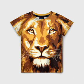 Детская футболка 3D с принтом Взгляд льва в Санкт-Петербурге, 100% гипоаллергенный полиэфир | прямой крой, круглый вырез горловины, длина до линии бедер, чуть спущенное плечо, ткань немного тянется | арт | грива | деко | жедтая | животные | закат | зверей | золото | кошка | лев | лето | львенок | неоновая | очки | пляж | прайд | разноцветная | солнце | тигр | узоры | царь | яркие